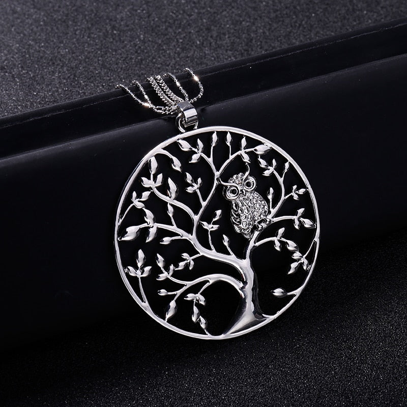 Gold Silvery Owl Necklaces for Women female Statement Jewelry Gift Big Tree Of Life Pendant Layered Chain Long Necklace 2020