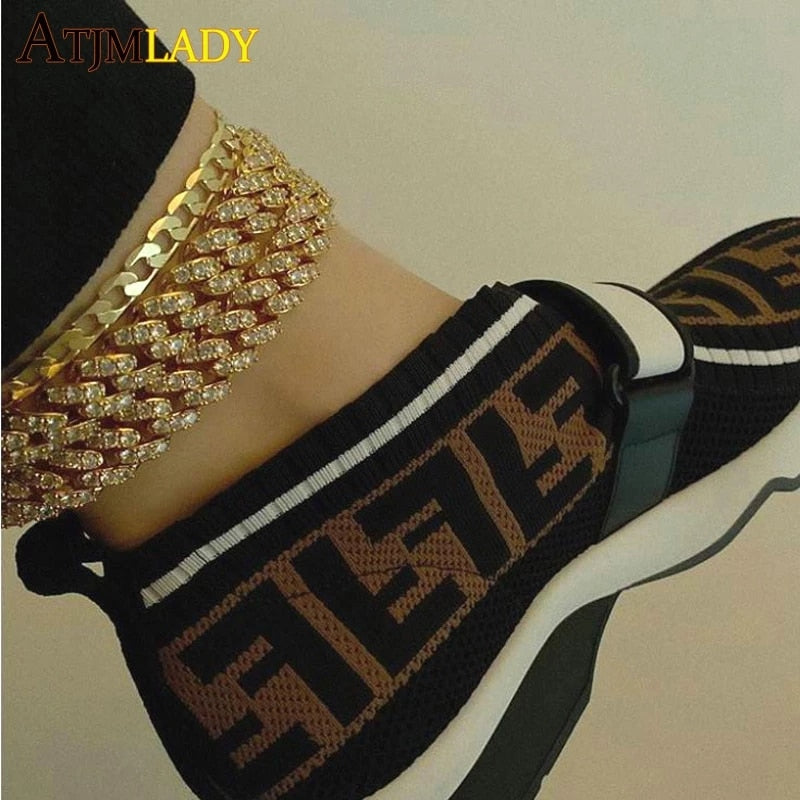 New Arrived Hip Hop Foot Jewelry Ankle Bracelet For Women Yellow Gold Color Cuban Link Chain Ribbon Anklet Bracelets Barefoot