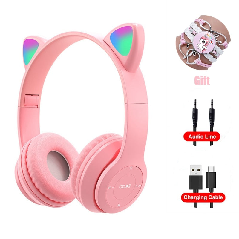 Pink Girl Wireless Headphones RGB Cute Cat Ears Headset With Microphone Noise Cancelling Kid Stereo Music casco Children&#39;s Gifts