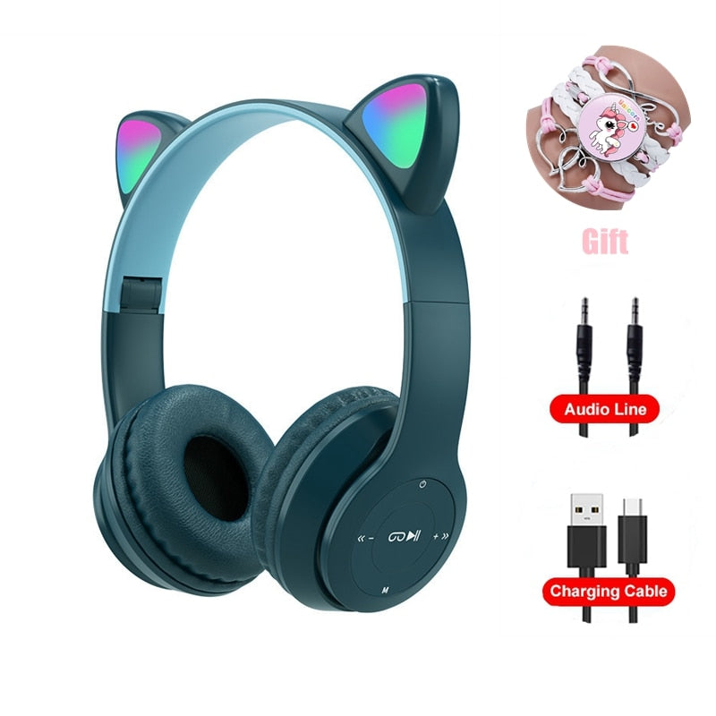 Pink Girl Wireless Headphones RGB Cute Cat Ears Headset With Microphone Noise Cancelling Kid Stereo Music casco Children&#39;s Gifts