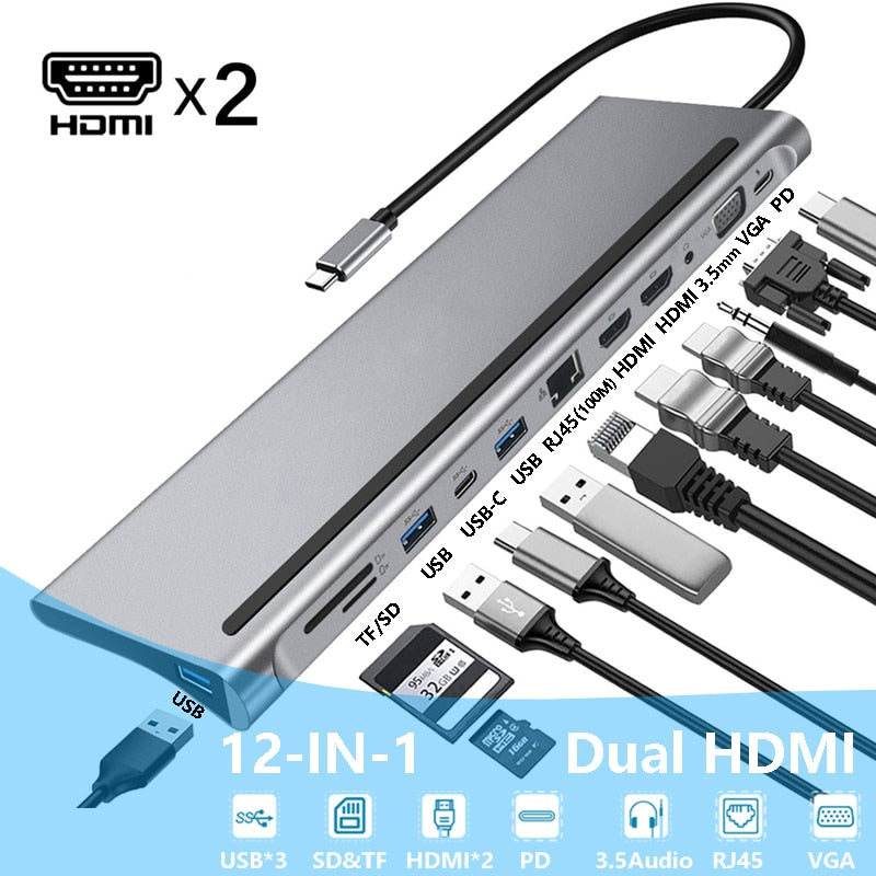 USB C Dock Dual HDMI-compatible VGA USB Hub Adapter Type C Laptop Docking Station For HP Elitebook Dell XPS Lenovo ThinkPad Asus