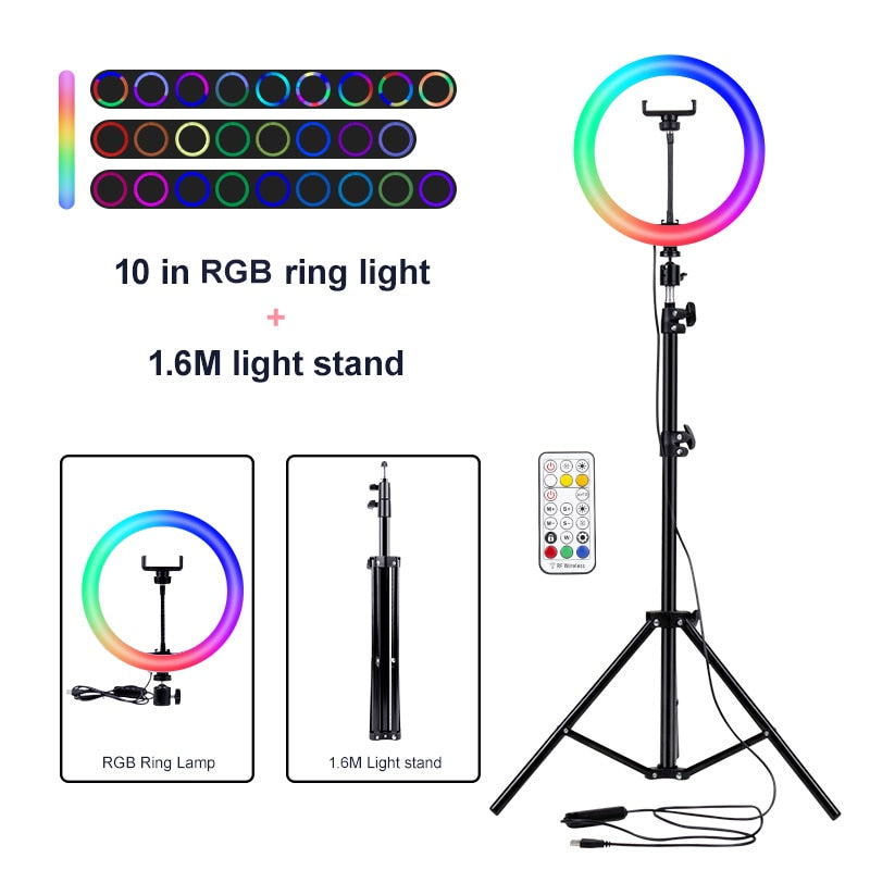 PYNSSEU 26cm LED Ring Light with 1.1/1.6/2.0M RGB lamp Stand Dimmable 10&quot; Selfie Ring Lamp with Phone Clip for Youtube Makeup