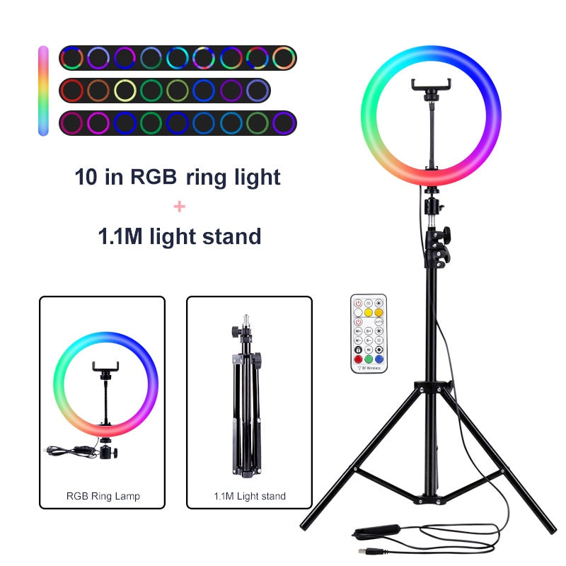 PYNSSEU 26cm LED Ring Light with 1.1/1.6/2.0M RGB lamp Stand Dimmable 10&quot; Selfie Ring Lamp with Phone Clip for Youtube Makeup