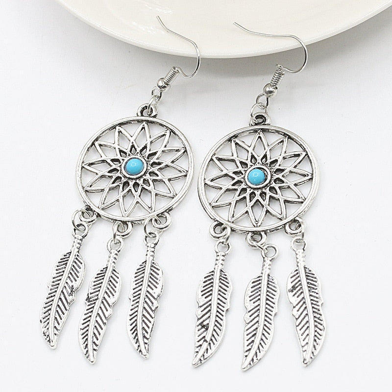 Silver Color Retro Personality Hollow Out Dreamcatcher Round Long Tassels Earrings For Women Fashion Simple Jewelry Gifts