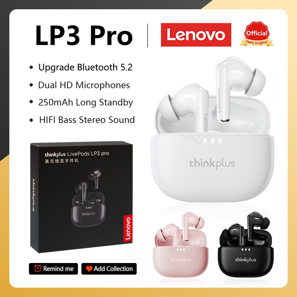 سماعات لينوفو Lp3 pro TWS الأصلية سماعة لاسلكية تعمل بالبلوتوث 5.2 سماعات أذن HIFI صوت للحد من الضوضاء HD سماعات رأس منخفضة الكمون