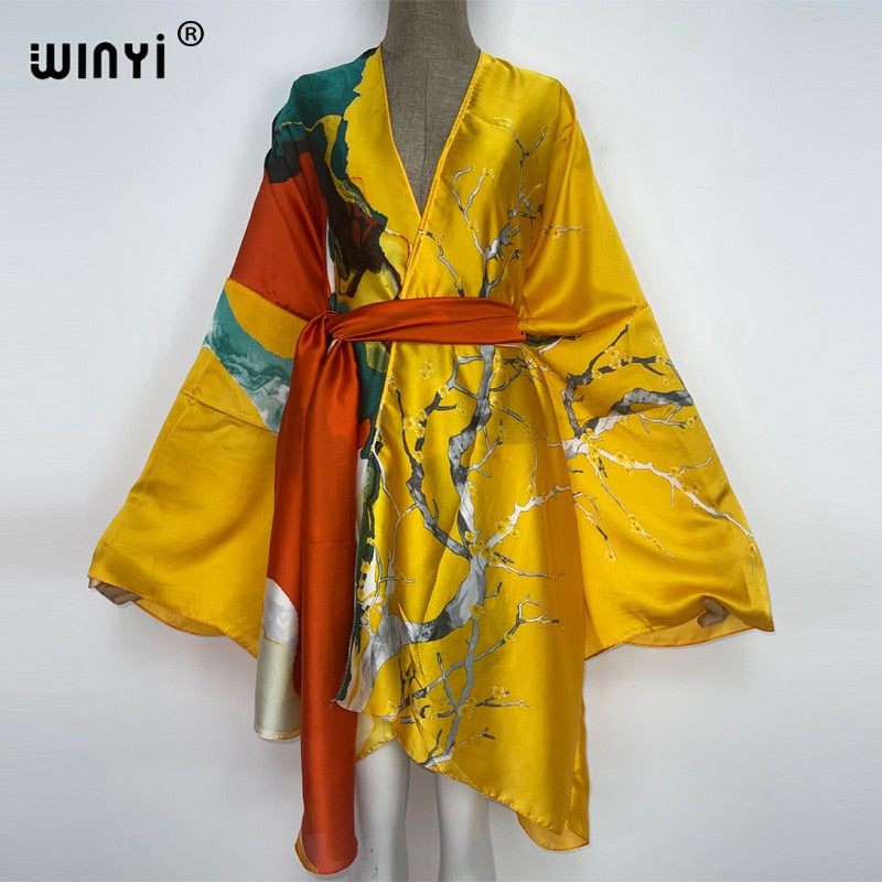 2022 WINYI Summer Beach Wear Swim Suit Cover kaftan sweet lady boho Cardigan stitch Self Belted sexy Holiday long Sleeve Kimono