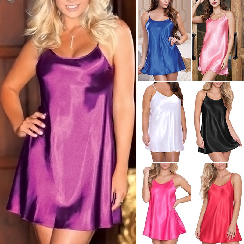 Women Summer Nightdress Sleepwear Elegant Women's Imitation Silk Stain Spaghetti Dresses Sexy Nightgown Pajamas 8XL