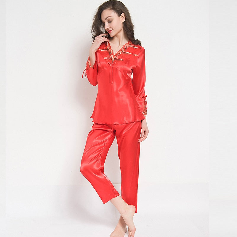 pijamas women Female pantsuit women Ice Silk Suit Long Sleeve silk pajamas Thin Bud Silk Sleeping Home Suit sleepwear