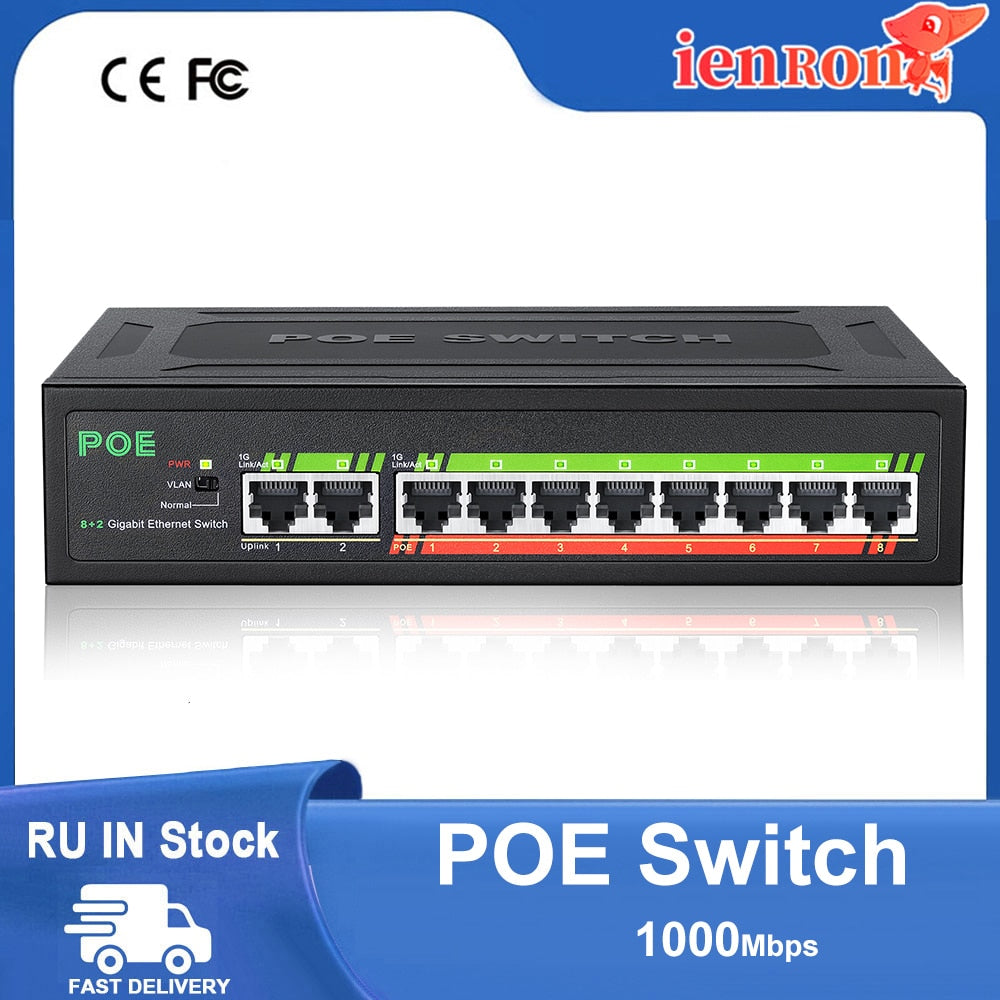 IENRON POE Switch 1000 Mbps 8 Ports Network Standard POE Ethernet Switch 52V Built-in Power For CCTV IP Camera/Wifi Router