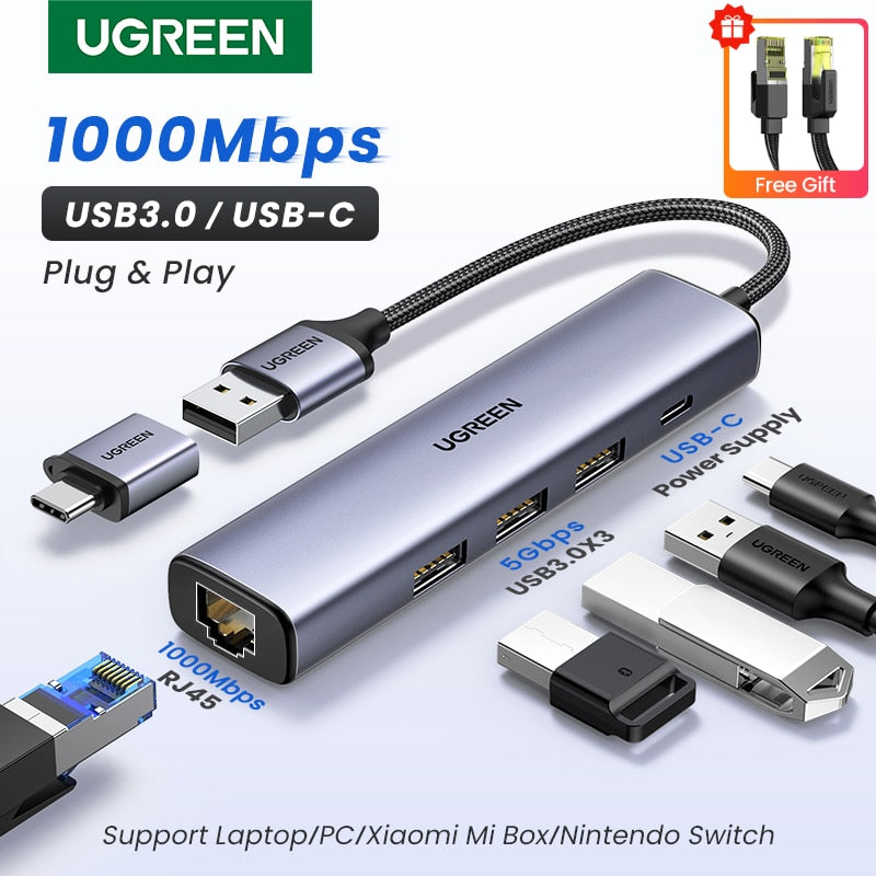 UGREEN USB Ethernet Adapter 1000/100Mbps USB3.0 HUB RJ45 Lan for Laptop PC Xiaomi Mi Box Macbook Windows USB-C HUB Network Card