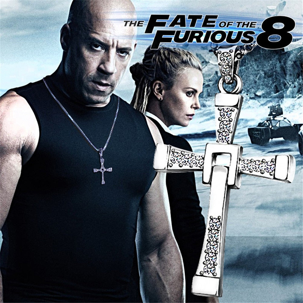 Fast & Furious Movies Cross Necklace Rhinestones Luxury Men's Chain Dominic Toretto Stainless Steel Jewelry Accessories
