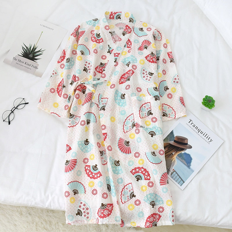 Japanese-style kimono pajamas summer new 100% cotton gauze pajamas nightgown ladies SPA yukata homewear long pajamas women