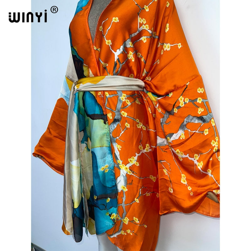 2022 WINYI Summer Beach Wear Swim Suit Cover kaftan sweet lady boho Cardigan stitch Self Belted sexy Holiday long Sleeve Kimono