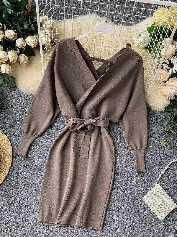 YuooMuoo Autumn Winter Women Knitted Sweater Dress 2022 New Korean Long Batwing Sleeve V Neck Elegant Dress Ladies Bandage Dress