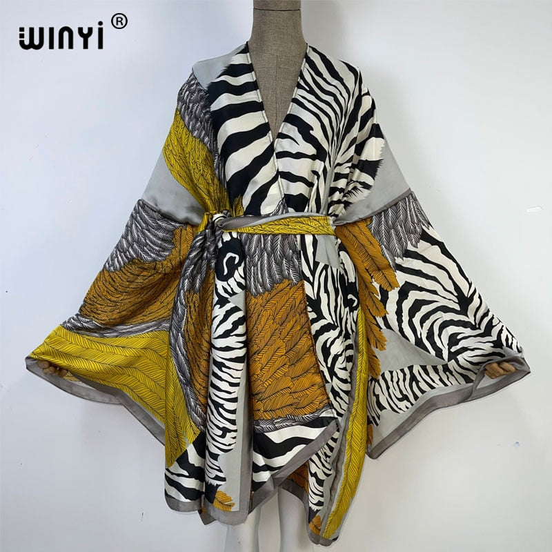 2022 WINYI Summer Beach Wear Swim Suit Cover kaftan sweet lady boho Cardigan stitch Self Belted sexy Holiday long Sleeve Kimono