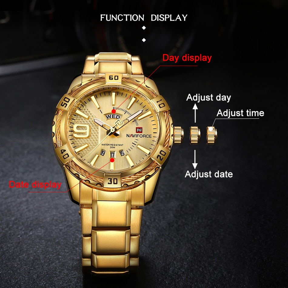 NAVIFORCE Luxury Brand Mens Sport Watch Gold Full Steel Quartz Watches Men Date Waterproof Military Clock Man Relogio Masculino