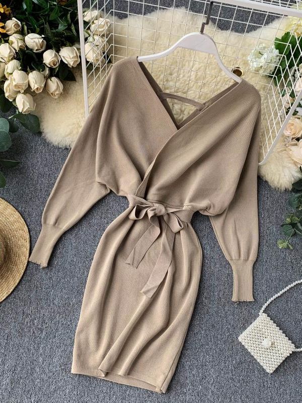 YuooMuoo Autumn Winter Women Knitted Sweater Dress 2022 New Korean Long Batwing Sleeve V Neck Elegant Dress Ladies Bandage Dress