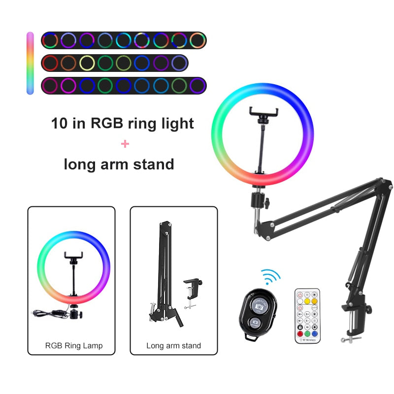 PYNSSEU 26cm LED Ring Light with 1.1/1.6/2.0M RGB lamp Stand Dimmable 10&quot; Selfie Ring Lamp with Phone Clip for Youtube Makeup