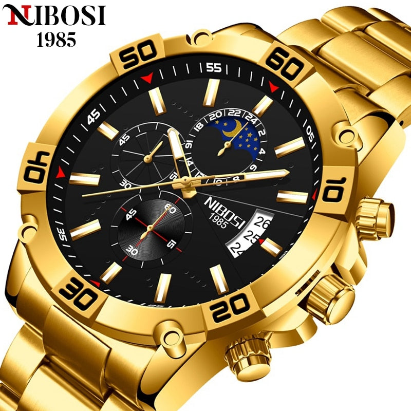 NIBOSI 2023 Fashion Gold Watch Mens Watches Top Brand Luxury Clock Montre Homme Chronograph Quartz Watch Men Relogio Masculino