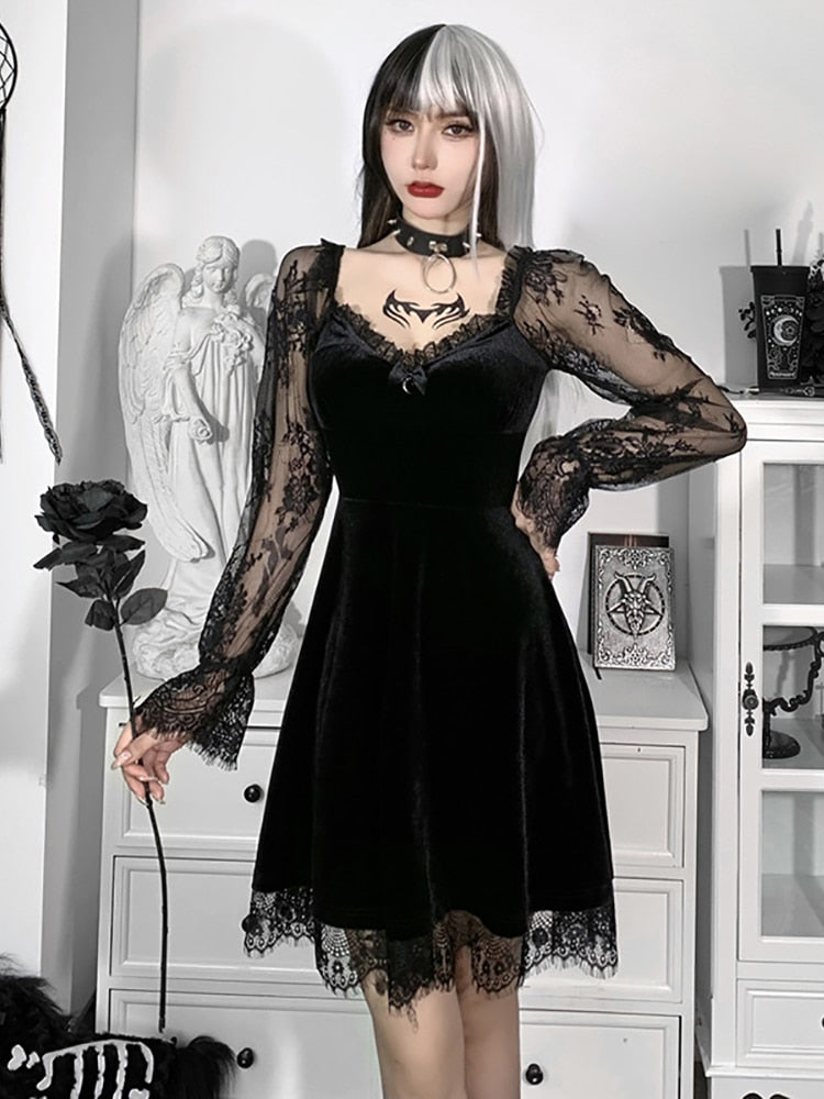 Goth Dark Velour Gothic Aesthetic Vintage Dresses Women's Lace Patchwork Grunge Black Dress Long Sleeve A-line Autumn Partywear