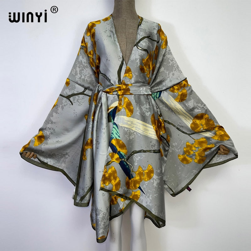 2022 WINYI Summer Beach Wear Swim Suit Cover kaftan sweet lady boho Cardigan stitch Self Belted sexy Holiday long Sleeve Kimono