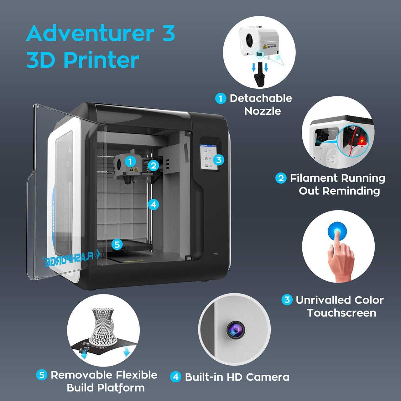 Flashforge 3D Printer Adventurer 3 DIY Kit Auto-leveling WIFI Out of Box Built-in Camera Automatic Leveling 3D Cloud Printing