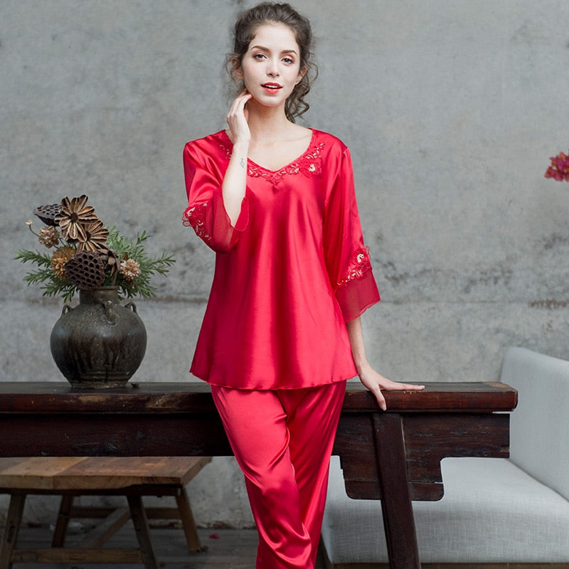 pijamas women Female pantsuit women Ice Silk Suit Long Sleeve silk pajamas Thin Bud Silk Sleeping Home Suit sleepwear