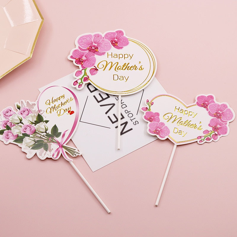 5pcs Happy Mother's Day Cake Toppers Pink Heart Flower Decoration Mothers Day Gift Birthday Party Cake Dessert Decor Supplies
