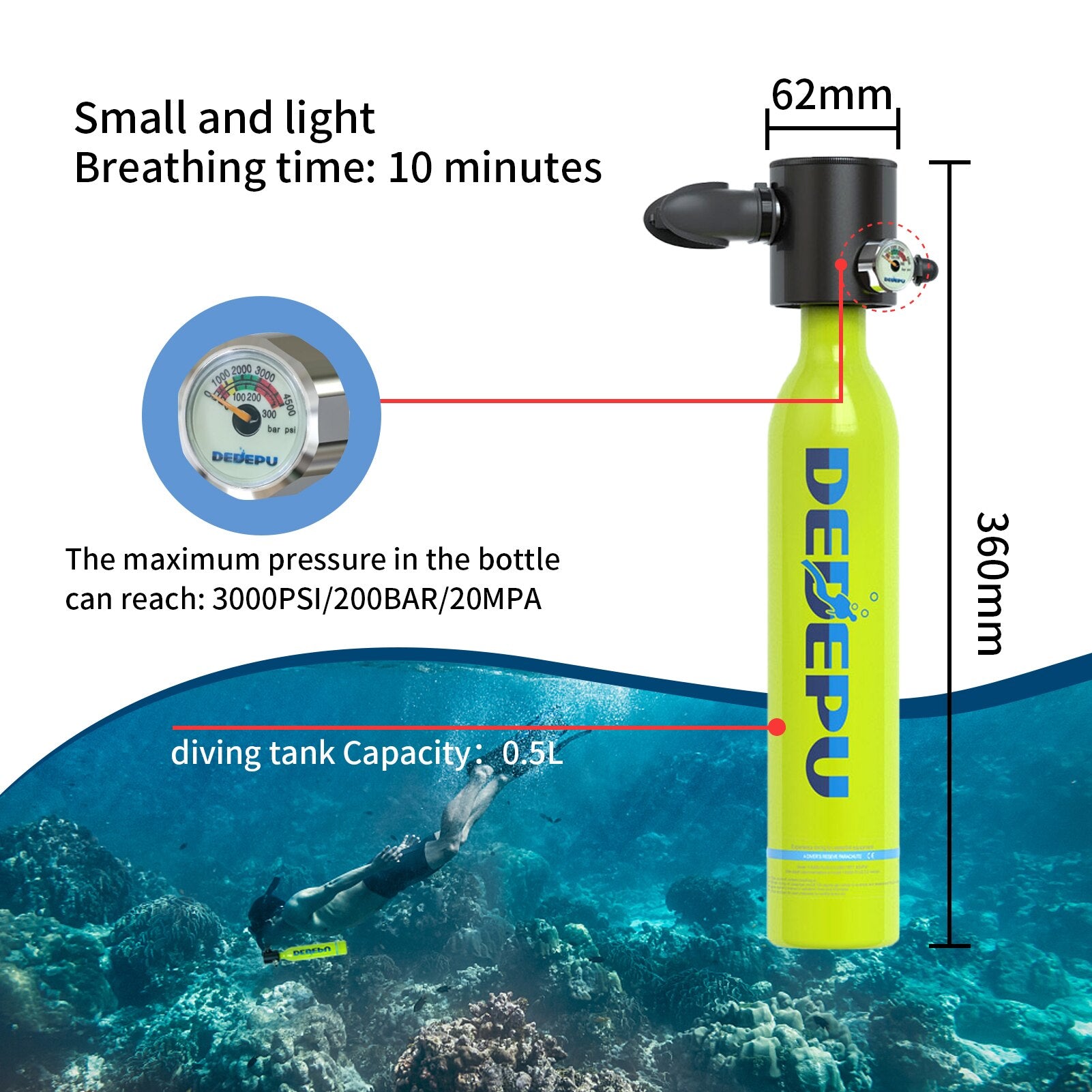 DEDEPU Scuba Diving Tank  Mini Diving Cylinder Equipment Snorkeling  Dive Bottle Oxygen With Hand Pump Dive Goggles Snorkeling