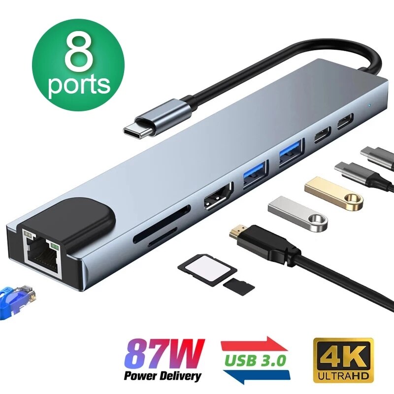 USB C Hub 8 In 1 Type C 3.1 To 4K HDMI Adapter with RJ45 SD/TF Card Reader PD Fast Charge for MacBook Notebook Laptop Computer