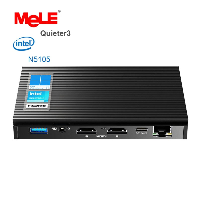 جهاز كمبيوتر صغير MeLE Quieter3 بدون مروحة معالج Intel N5105 رباعي النواة 4K Windows 11 Pro يدعم Linux Ubuntu Debian LAN Port