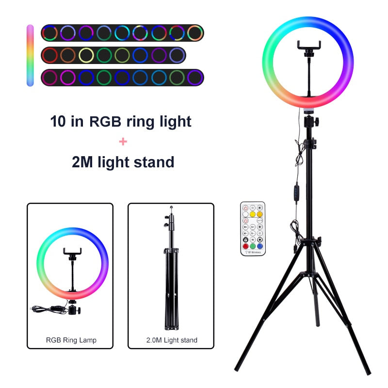 PYNSSEU 26cm LED Ring Light with 1.1/1.6/2.0M RGB lamp Stand Dimmable 10&quot; Selfie Ring Lamp with Phone Clip for Youtube Makeup