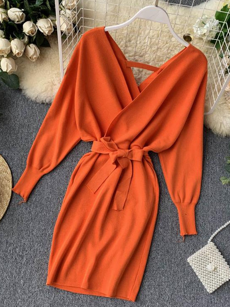 YuooMuoo Autumn Winter Women Knitted Sweater Dress 2022 New Korean Long Batwing Sleeve V Neck Elegant Dress Ladies Bandage Dress