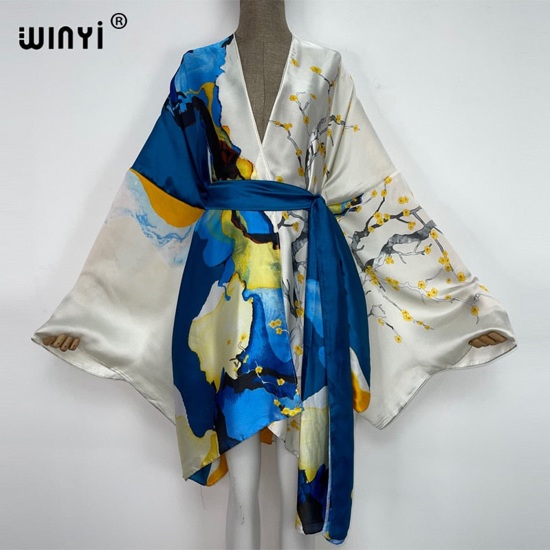 2022 WINYI Summer Beach Wear Swim Suit Cover kaftan sweet lady boho Cardigan stitch Self Belted sexy Holiday long Sleeve Kimono