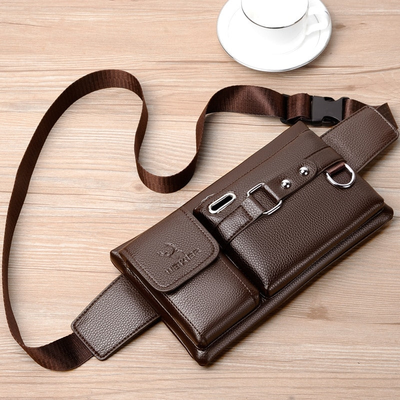 Brand Men&#39;s Waist Bag Leather Male Fanny Pack Male Shoulder Chest Bags for Phone Hip Sack Man Belt Pouch Murse Banana Bum Bag