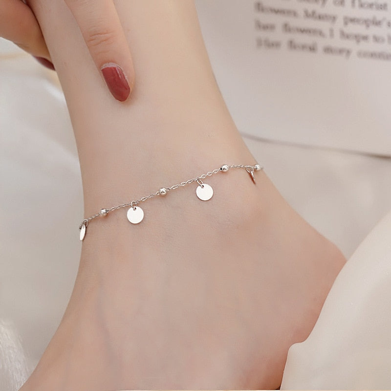 VENTFILLE 925 Sterling Silver Double Layer Anklet for Women Geometric Disc Anklet Bracelet Summer Jewelry