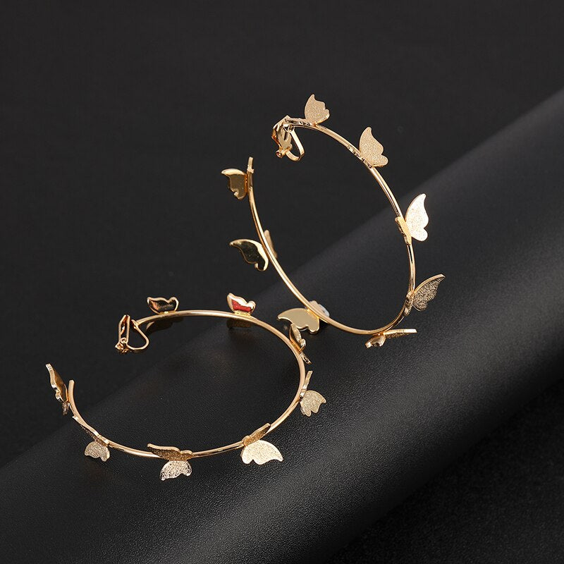 Butterfly Big Hoop Clip on Earring Circle Non Pierced Earrings for Women Girls Romantic Earring Jewelry Valentine&#39;s Day Gift