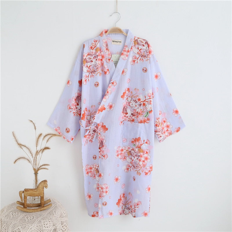 Japanese-style kimono pajamas summer new 100% cotton gauze pajamas nightgown ladies SPA yukata homewear long pajamas women