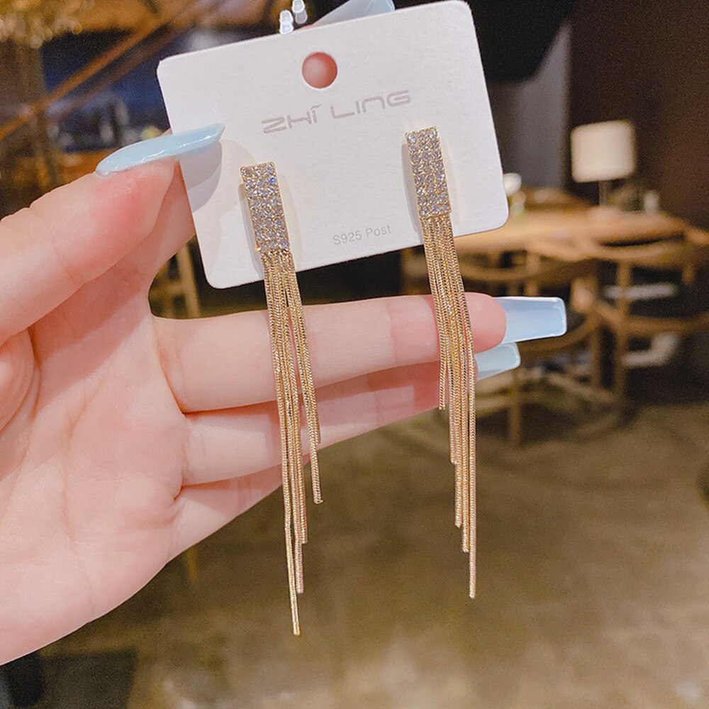 2022 New Version Full Rhinestone Long Tassel Earrings Women&#39;s Simple Golden Silver Color Earrings Party Jewelry Beautiful Gifts