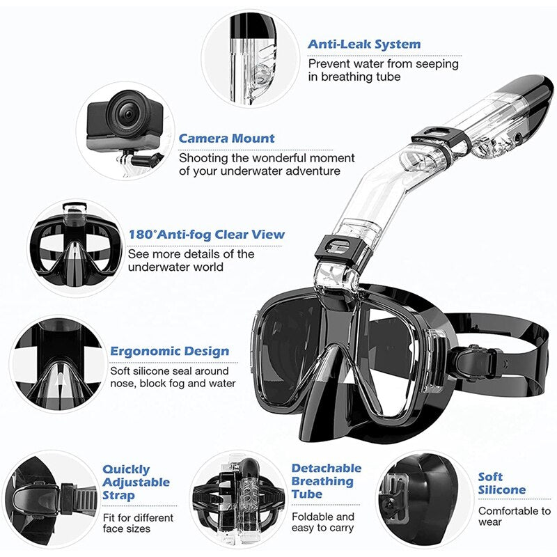 Hot New Snorkel Mask Foldable Diving Mask Set With Dry Top System And Camera Mount, Anti-Fog Professional Snorkeling Gear