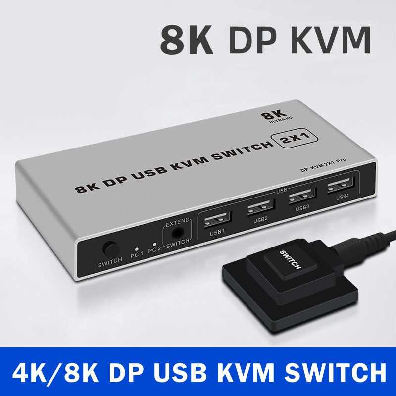 8K Dual-port DP USB KVM 2x1 Displayport KVM Switch 2 in 1 out 4K 60Hz 2-Port DP 1.4 USB KVM Switch Support Mouse Keyboad Printer