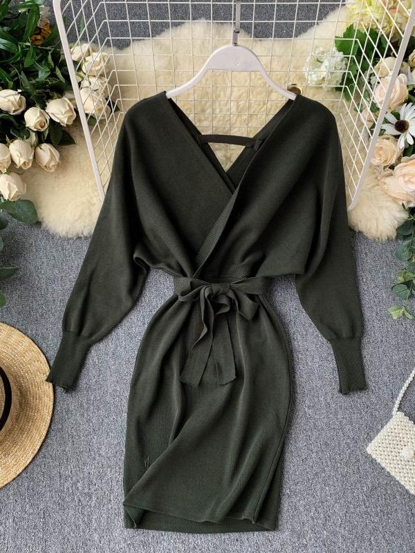 YuooMuoo Autumn Winter Women Knitted Sweater Dress 2022 New Korean Long Batwing Sleeve V Neck Elegant Dress Ladies Bandage Dress