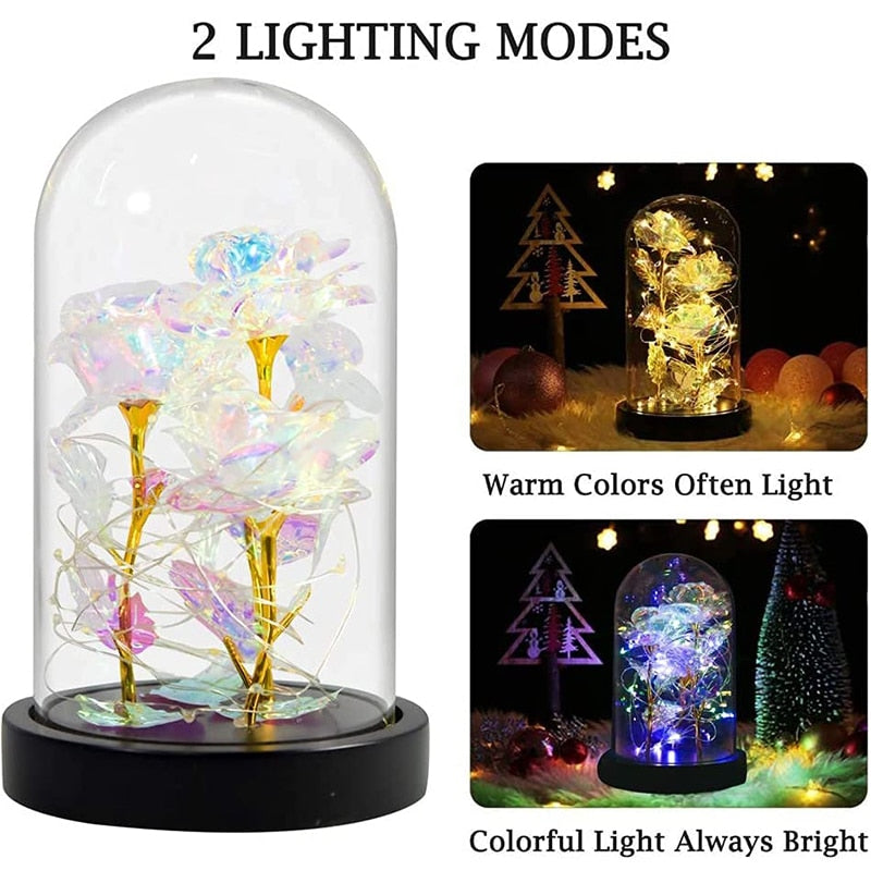 Gift for Her 3 Heads Galaxy Rose Eternal Gold Foil Flowers in Glass Dome 2 Modes LED Lights Gifts for Mothers Day Wedding Decor