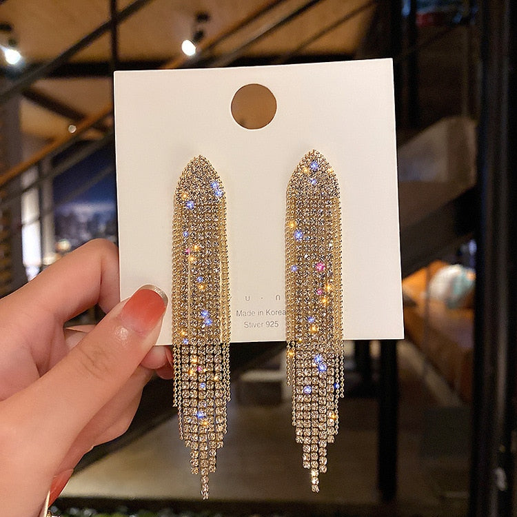 2022 New Version Full Rhinestone Long Tassel Earrings Women&#39;s Simple Golden Silver Color Earrings Party Jewelry Beautiful Gifts