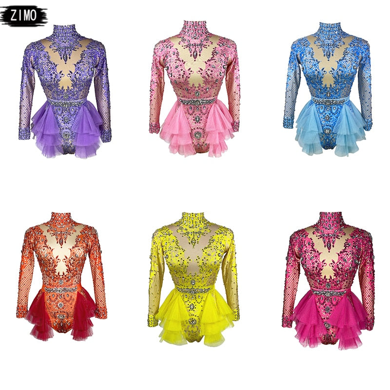 fashion Rhinestone pink red Ruffle Bodysuit Women Big Stretch nightclub Prom Bar concert costume Stage Singer Show dance Leotard