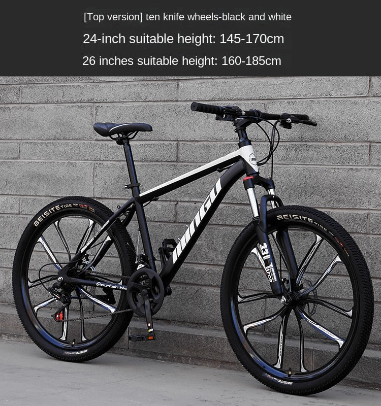 High Carbon Steel Frame Bicycle for Adult Shock-Absorbing Mountain Bike Variable Speed Double Disc Brake 26 in 24 in New