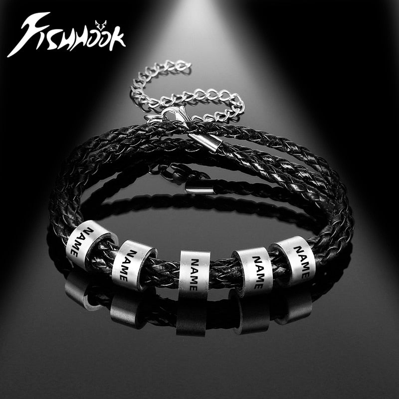 Fishhook Personalized Leather Bracelet Homme Custom Name Bangle Family Baby Mother Kid Father Day Gift For Man Woman Dad Jewelry