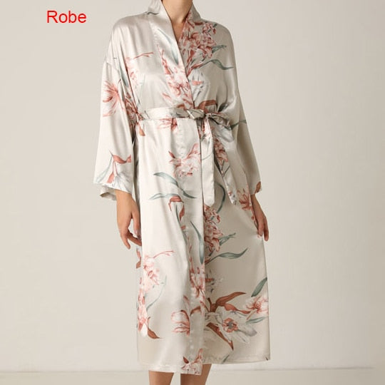 Print Flower Nighty&amp;Robe Suit Sleepwear Sexy Satin Kimono Gown Women Bathrobe Intimate Lingerie Nightwear Silky Nightgown