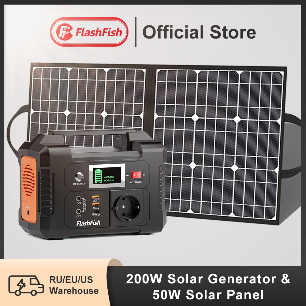 FF Flashfish E200 Rechargeable Portable Power Station 200W 151Wh Solar Generator with Solar Panel 50W Battery Complete Kit Set