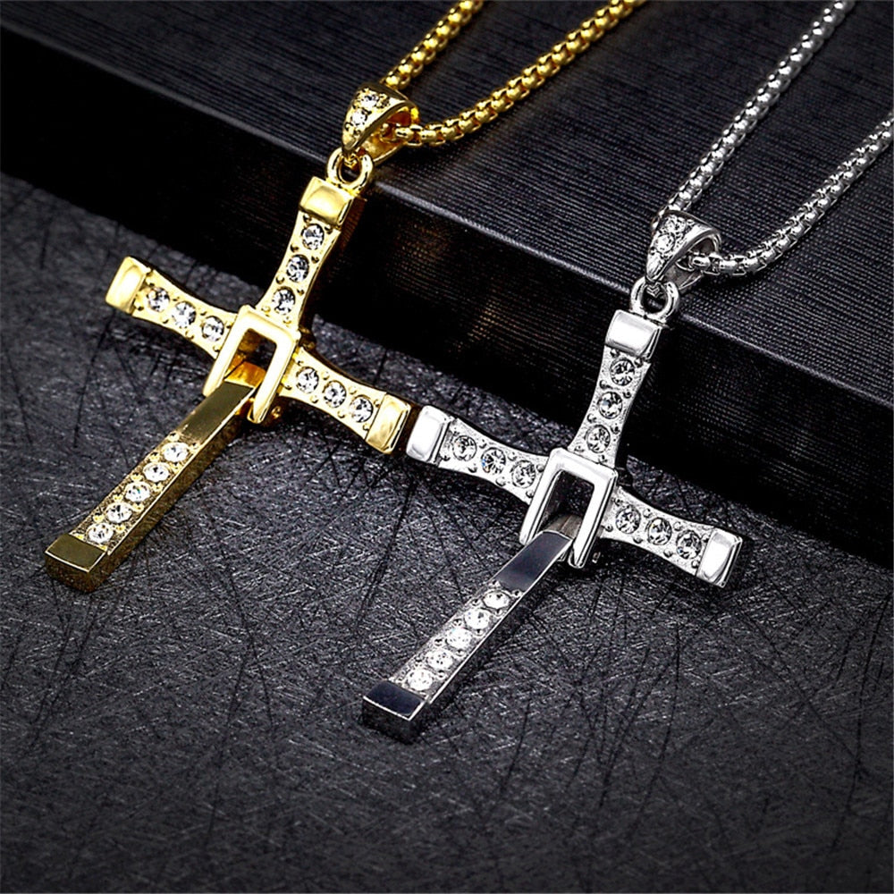 Fast & Furious Movies Cross Necklace Rhinestones Luxury Men's Chain Dominic Toretto Stainless Steel Jewelry Accessories